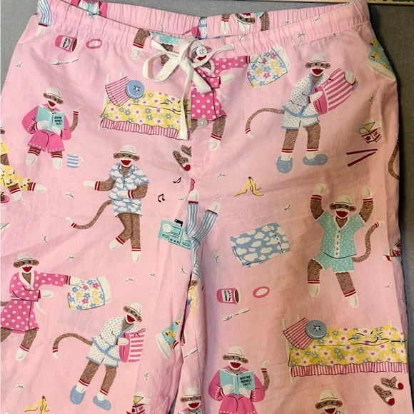 Nick & Nora Medium Pink Pajama Bottoms Sock Monkeys Pajama Party Lace Trim - Picture 2 of 9